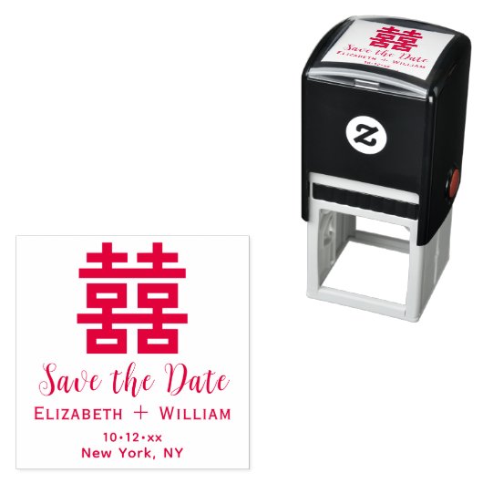 Chinese Dubbele Geluk Huwelijk Save the Date #2 Zelfinktende Stempel (In situ)