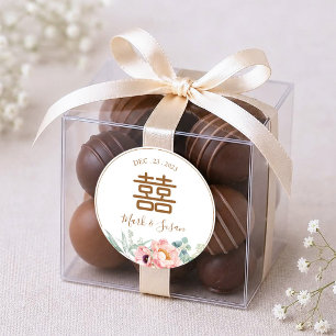 Chinese Elegante Pioen Dubbel Geluk Huwelijk Ronde Sticker