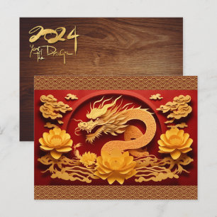 Chinese en Vietnamese Houten Draak Jaar 2024 HPost Feestdagenkaart