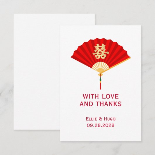 Chinese Fan en Dubbel Geluk | Chinese bruiloft Bedankkaart (Voorkant / Achterkant)