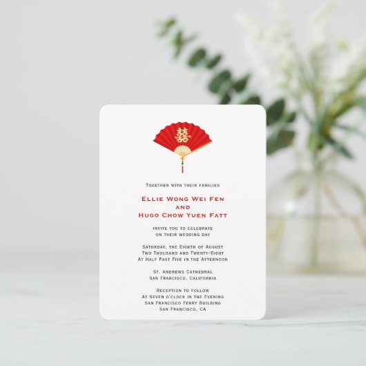 Chinese Fan en Dubbel Geluk | Chinese bruiloft Kaart (Staand voorkant)