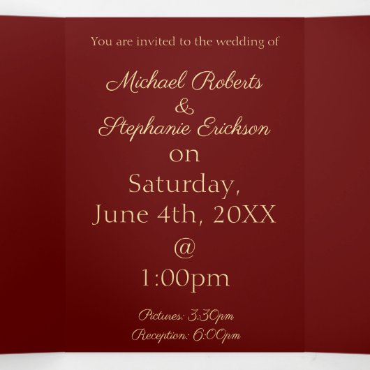 Chinese gouden kranen over rode bruiloft drieluik aankondiging (Binnenkant midden)