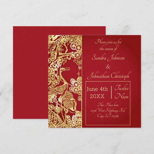 Chinese gouden kranen over rode bruiloft kaart (Voorkant / Achterkant)