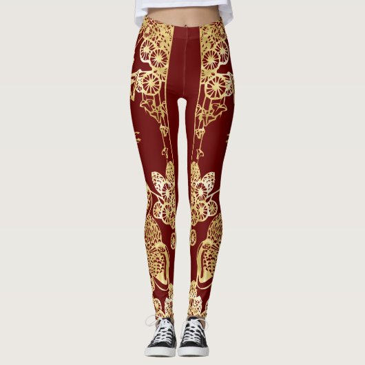 Chinese gouden kranen over rood leggings (Voorkant)