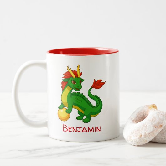 Chinese Green Dragon Custom Name Tweekleurige Koffiemok (Met donut)