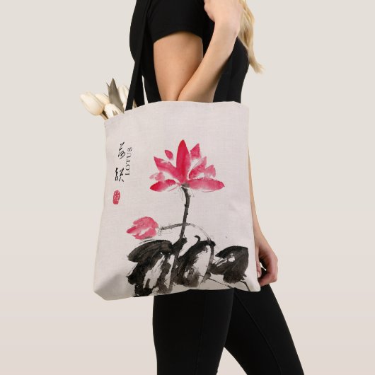 Chinese handbeschilderde Waterverf Floral Lotus Ta Tote Bag (Dichtbij)