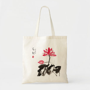 Chinese handbeschilderde Waterverf Floral Lotus Ta Tote Bag