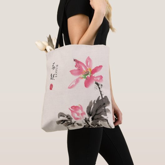 Chinese handbeschilderde Waterverf Floral Lotus Ta Tote Bag (Dichtbij)