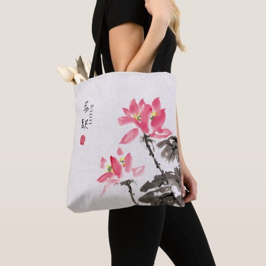Chinese handbeschilderde Waterverf Floral Lotus Ta Tote Bag (Dichtbij)