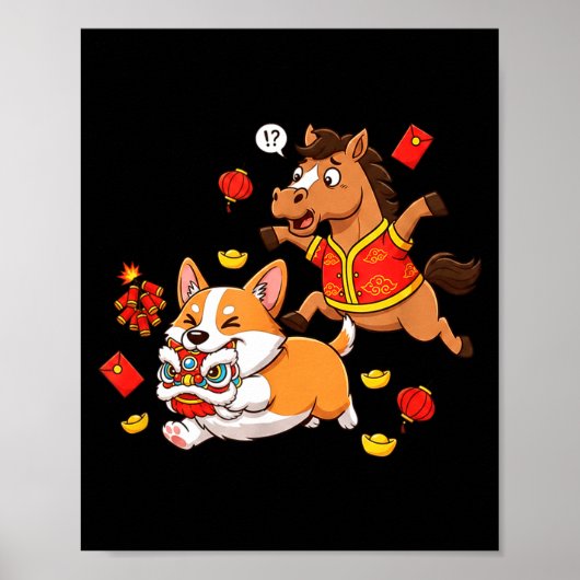 Chinese Horse Corgi Funny Kids Mens Womens Happy N Poster (Voorkant)