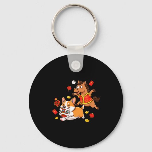 Chinese Horse Corgi Funny Kids Mens Womens Happy N Sleutelhanger (Voorkant)