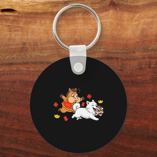 Chinese Horse Samoyed Funny Kids Mens Womens Happy Sleutelhanger (Voorkant)