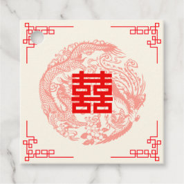 Chinese huwelijkskaart met rode draak en fenis bedankjes labels