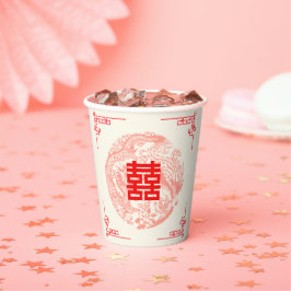 Chinese huwenlijk draak en phoenix beige rood papieren bekers