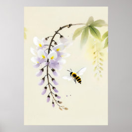 Chinese Ink Bee op Wisteria Poster