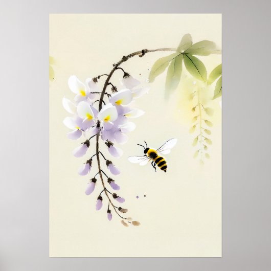 Chinese Ink Bee op Wisteria Poster (Voorkant)
