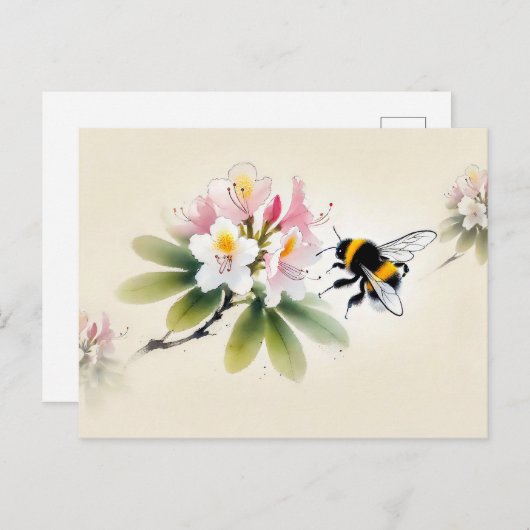 Chinese Ink Bumblebee op Rhododendron Briefkaart (Voorkant / Achterkant)