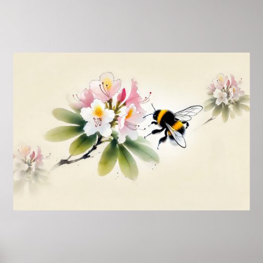 Chinese Ink Bumblebee op Rhododendron Poster (Voorkant)
