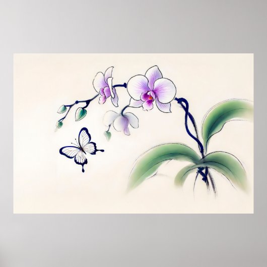 Chinese Ink Butterfly op Orchidee Poster (Voorkant)