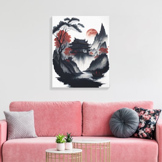 Chinese ink painting on scroll canvas afdruk (Insitu (Woonkamer))