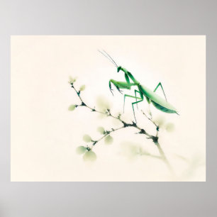 Chinese Inkt bidsprinkhaan op Ginkgo Poster