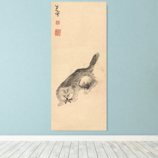 Chinese inkt en was schilderkat en vlinder canvas afdruk (Insitu (Houten vloer))