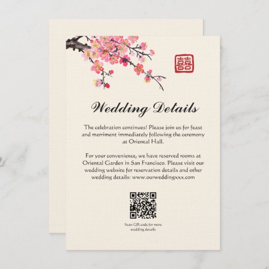 Chinese inkt schilderij bloemen bruiloft details informatiekaartje (Voorkant / Achterkant)