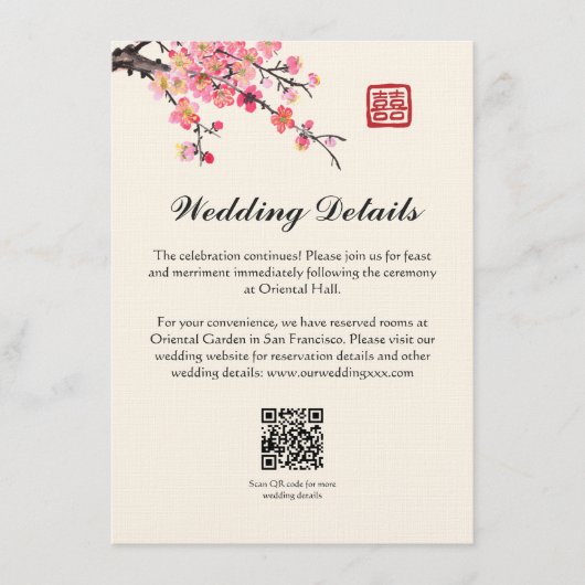 Chinese inkt schilderij bloemen bruiloft details informatiekaartje (Voorkant)