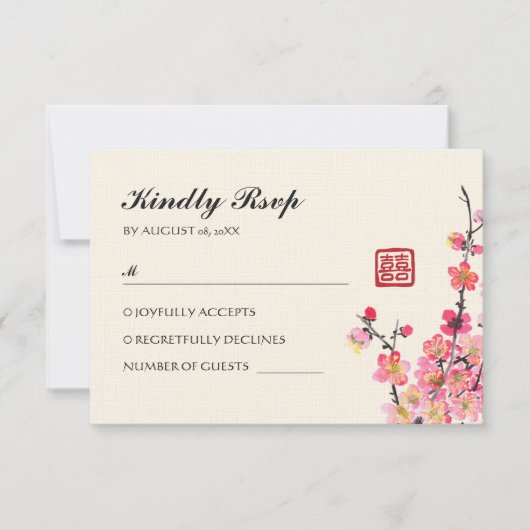 Chinese inkt schilderij bloemen bruiloft RSVP kaartje (Voorkant)