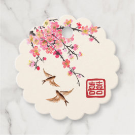 Chinese inkt schilderij bloemen en vogels bruiloft bedankjes labels