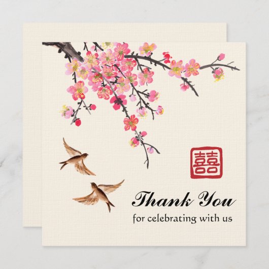Chinese inkt schilderij bloemen en vogels bruiloft bedankkaart (Voorkant / Achterkant)