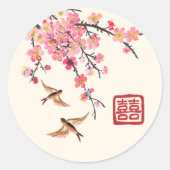Chinese inkt schilderij bloemen en vogels bruiloft ronde sticker (Voorkant)