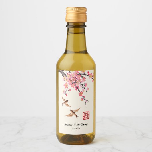 Chinese inkt schilderij bloemen en vogels bruiloft wijn etiket (Voorkant)