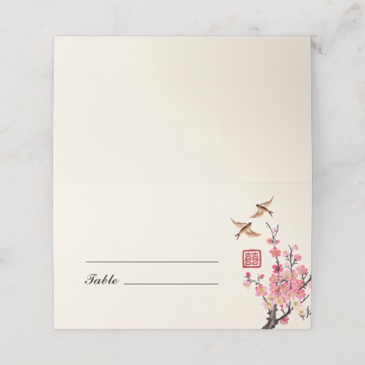 Chinese inkt schilderij bloemen vogels bruiloft plaatskaartje (Buitenkant ongevouwen)