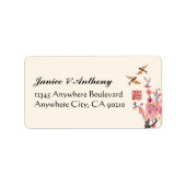 Chinese inkt schilderij bloemen vogels trouwadres etiket (Voorkant)