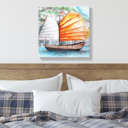 Chinese junk schip afdrukken Canvas Print (Insitu (Slaapkamer))