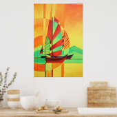 Chinese Junks zwaaien naar de kust in het Cubisme  Poster (Keuken)