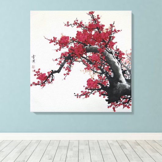 Chinese Kersenbloesem schilderij (2 canvas) Canvas Afdruk (Insitu (Houten vloer))