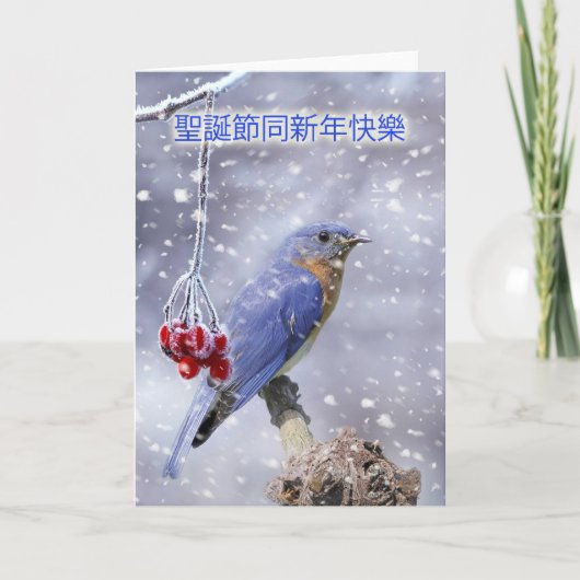 Chinese kerstkaart - Blauwe vogel met bessen en ee Feestdagen Kaart (Voorkant)