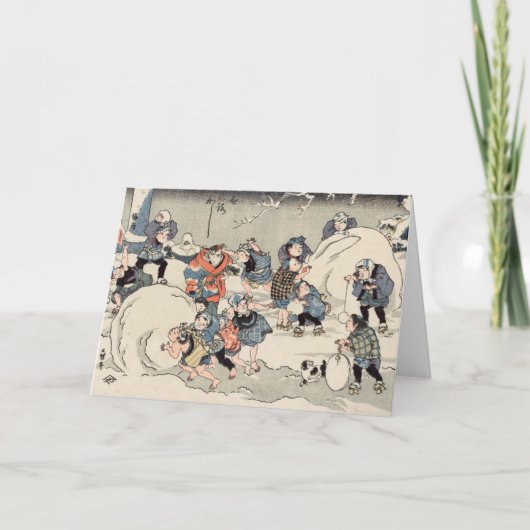 Chinese kinderen maken sneeuwballen feestdagen kaart (Voorkant)