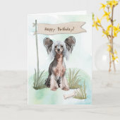 Chinese kuif hond onder verjaardagsbord kaart (Gele Bloem)