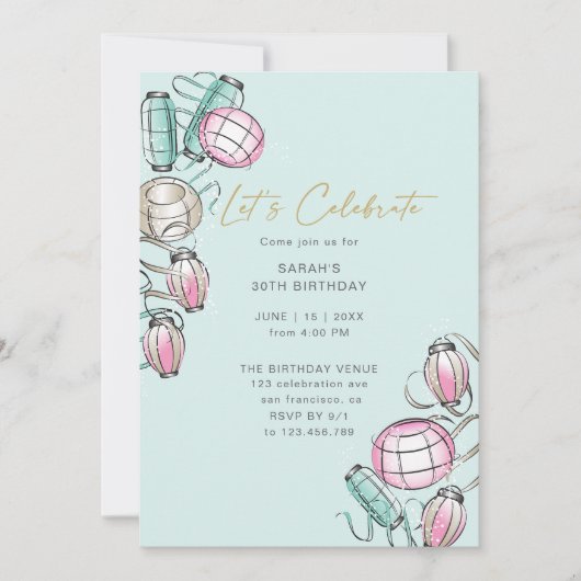 Chinese Lantaarn & Lint Thema Verjaardag Uitnodigi Notitiekaartje (Voorkant)