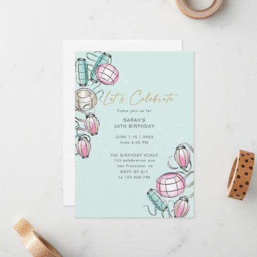 Chinese Lantaarn & Lint Thema Verjaardag Uitnodigi Notitiekaartje (Voorkant / Achterkant in situ)