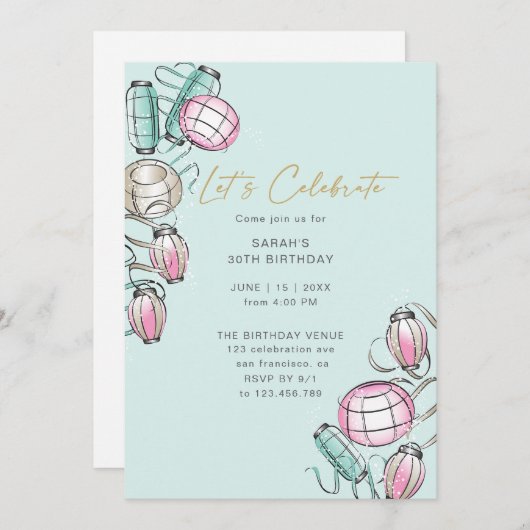 Chinese Lantaarn & Lint Thema Verjaardag Uitnodigi Notitiekaartje (Voorkant / Achterkant)