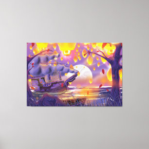 Chinese lantaarns bij een door de maan verlichte r canvas afdruk