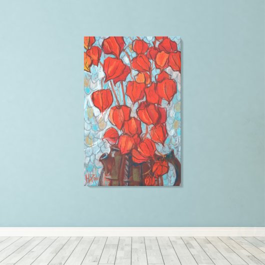 Chinese lantaarns, bloemenschilderwerk in de herfs canvas afdruk (Insitu (Houten vloer))