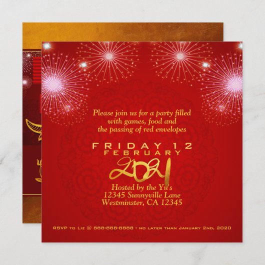 Chinese Lantaarns Vuurwerk Ox Jaar 2021 Uitnodigin Save The Date (Voorkant / Achterkant)