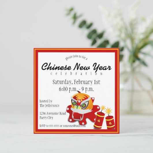 Chinese Leeuw en Firecrackers uitnodiging (Staand voorkant)