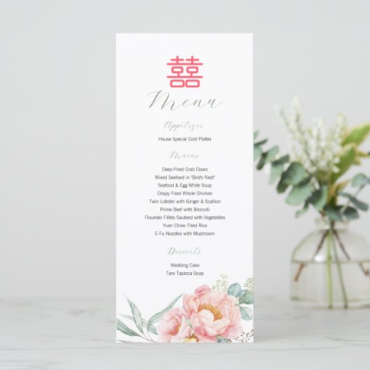 Chinese legant Double Happiness Peonies Weddenscha Menu (Staand voorkant)