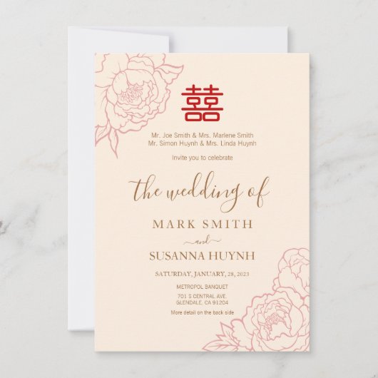 Chinese legant Double Happiness Wedding Invite Kaart (Voorkant)